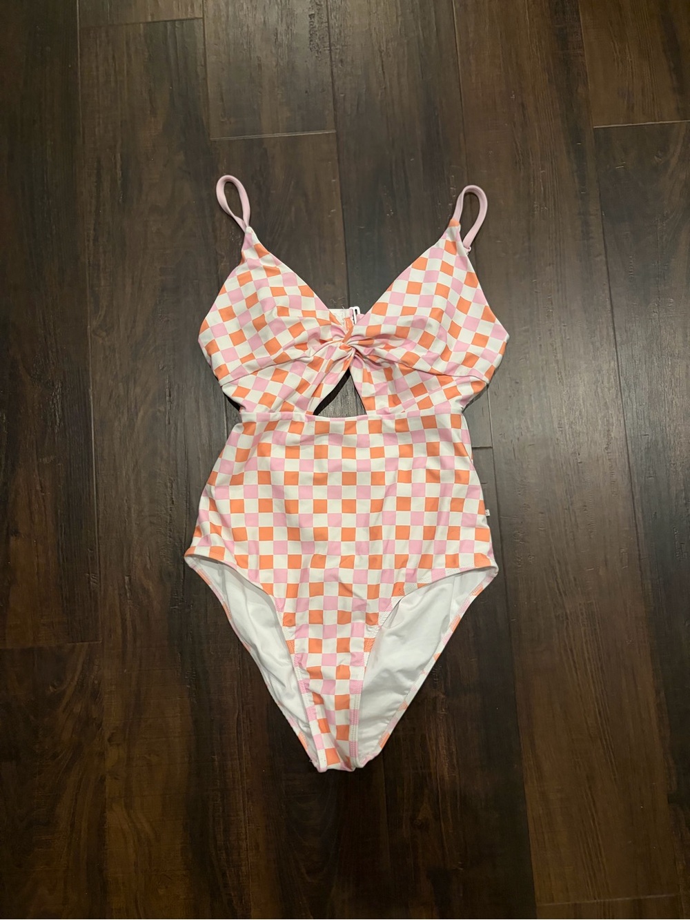 Caden Lane Pink Orange Check Twist One Piece Swimsuit Medium